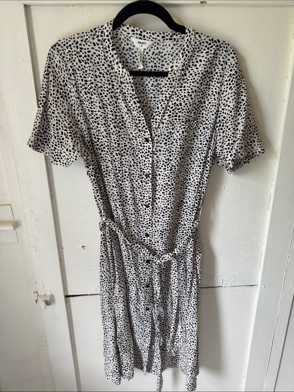 Printed White and Black Midi Button-Front Dress with Self-Tie Waist